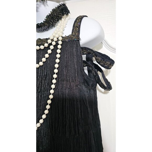 Girls Roaring 20s Flapper Costume 4-6 Dress Feather Headband Pearl Necklace 1920 - Picture 4 of 6